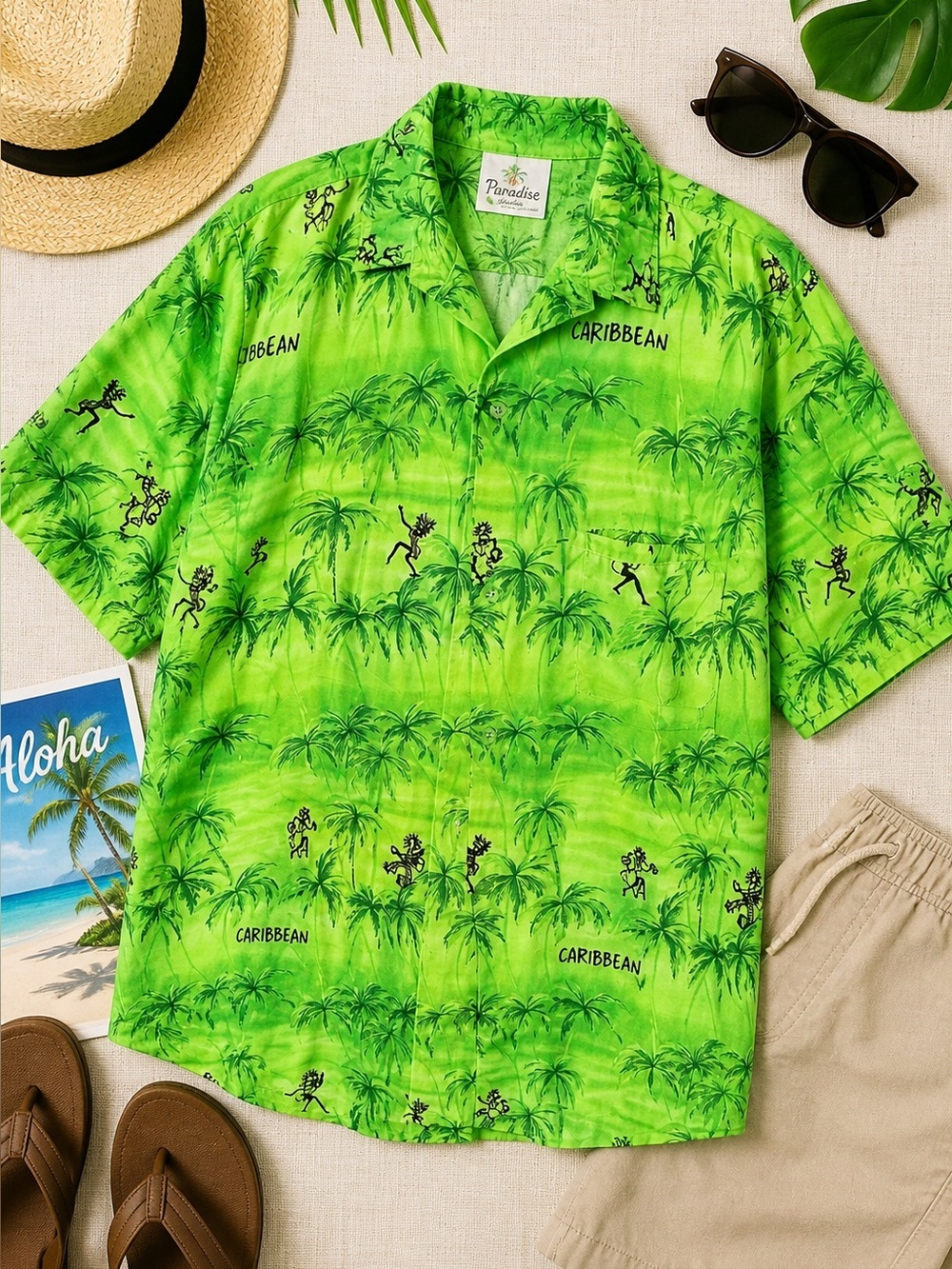 Paradise Collection Hawaiian Shirt Green Tropical Camp Aloha Mens